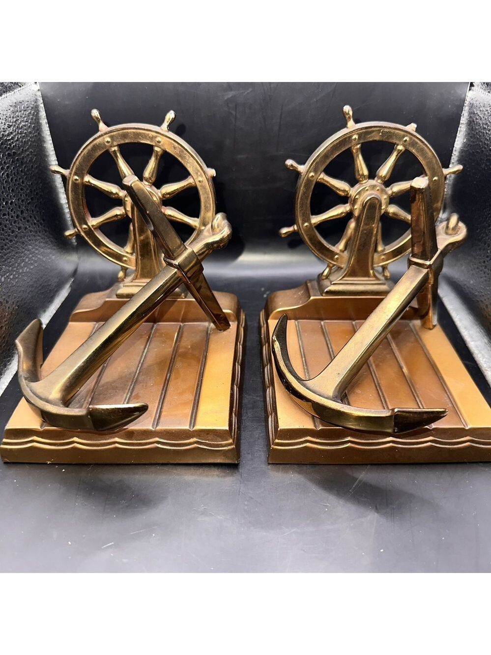 Antique Ronson Art Metal Brass Bookends Nautical Anchor Ship Wheel (Flaws)